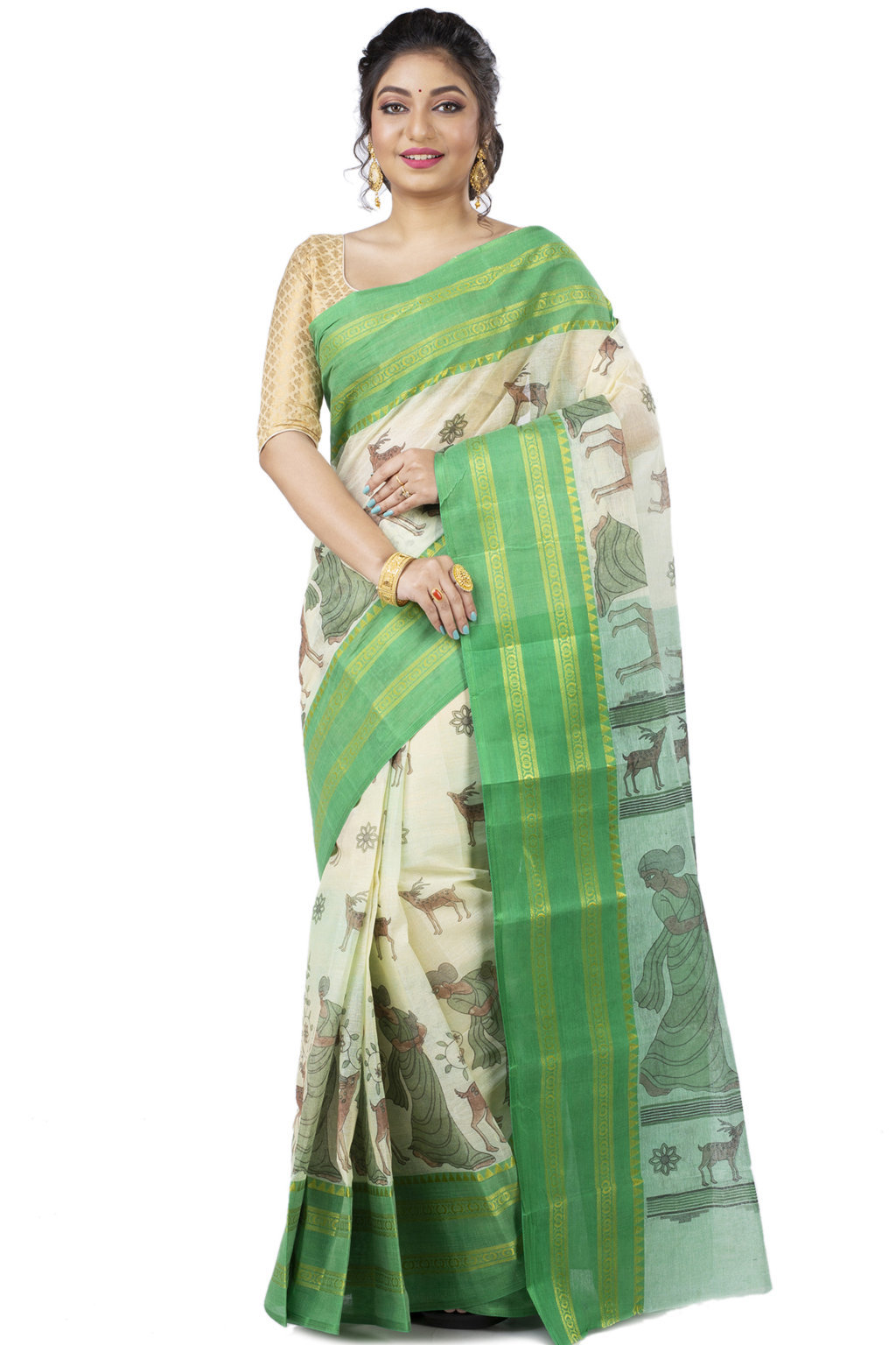 Green Pure Cotton Sakuntala Tant Saree Print (1853)